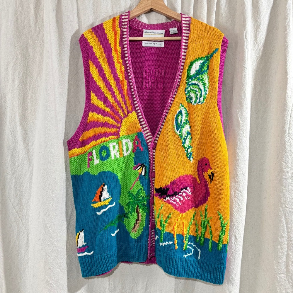 Vintage Marisa Christina Florida Flamingo Hand Knit Sweater Vest Pink 1X 90s